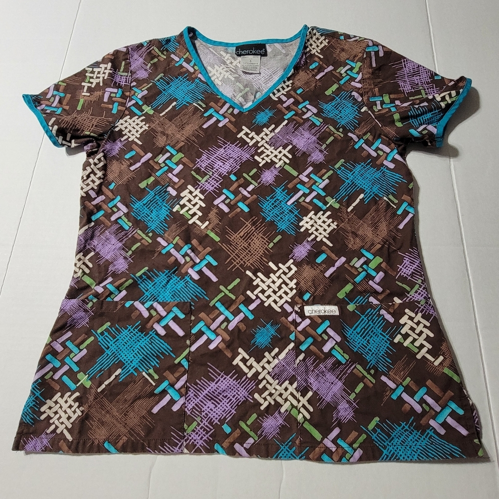 Cherokee Brown Blue‎ Green & Purple Graphic Scrub Top Size Small